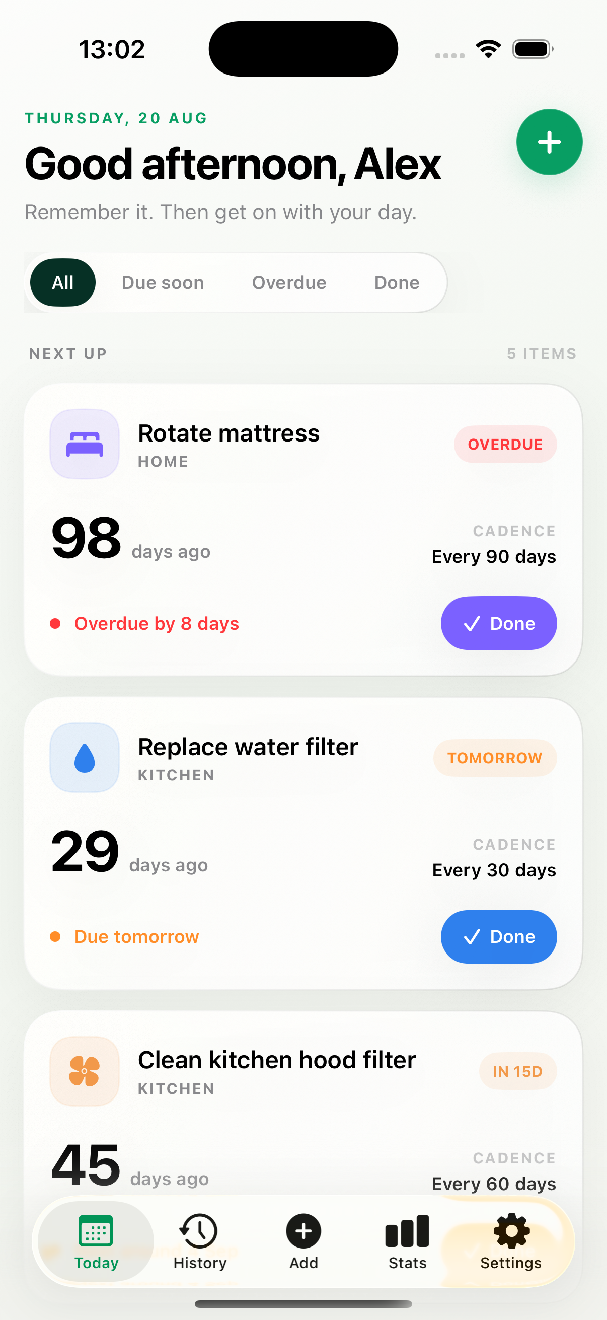 Seldom Today screen showing upcoming items and one-tap Done buttons