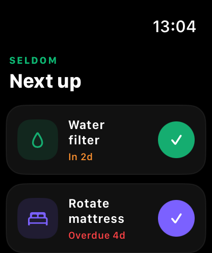 Real screenshot of Seldom on Apple Watch showing upcoming items
